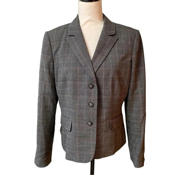 Tahari Arthur S. Levine Gray Plaid Blazer Jacket Size 10 Pink Lining Career Work - Picture 1 of 14